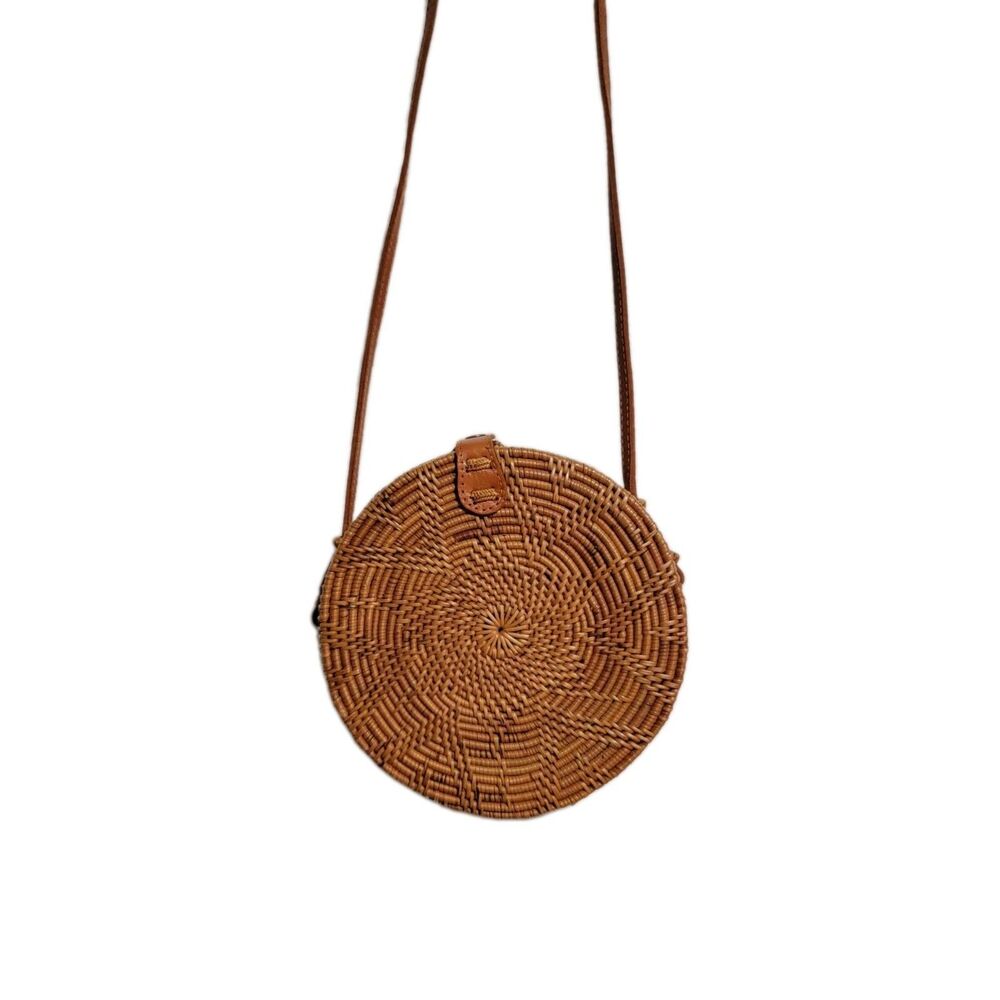 Woven Rattan Round Crossbody Bag Brown Leather Strap Boho Bali Basket Purse